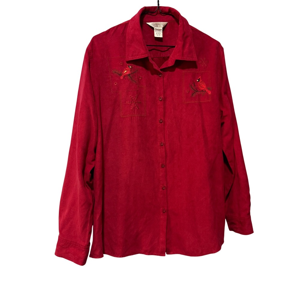 Northern Reflections Red Faux Suede Embroidered Cardinal Shirt XL Winter Holiday